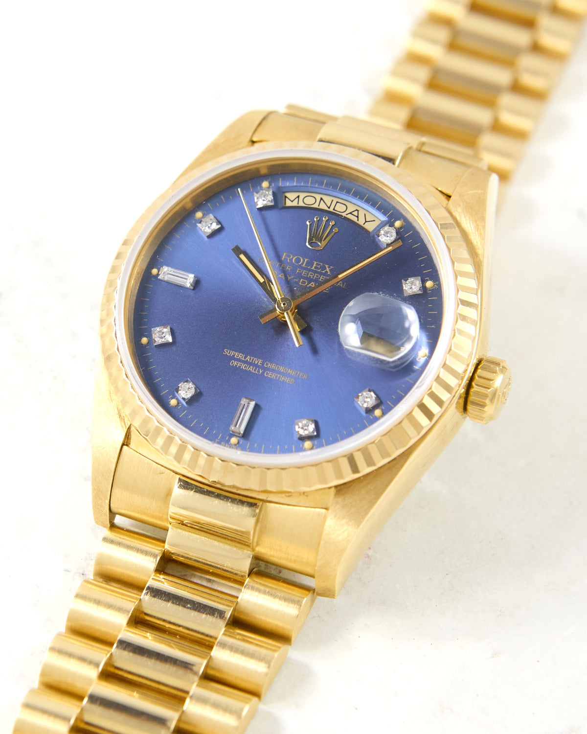 Rolex Day-Date 18038 Blue Diamond Index Dial in Yellow Gold Case and Bracelet