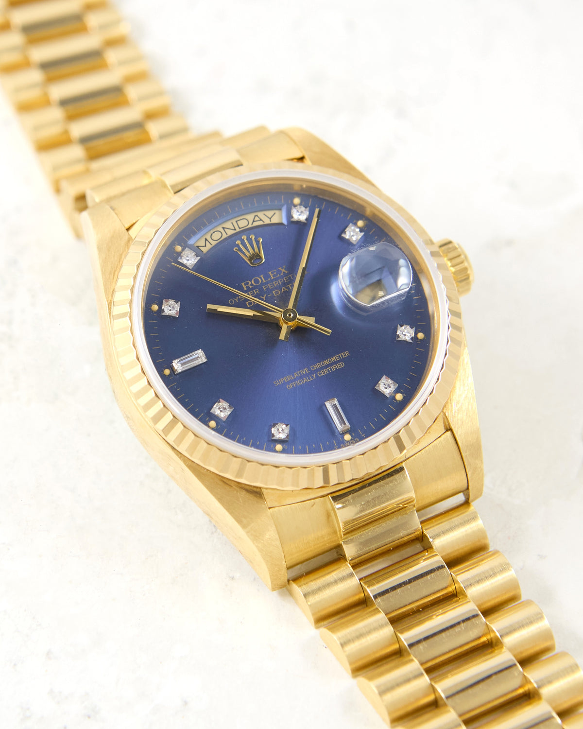 Rolex Day-Date 18038 Blue Diamond Index Dial in Yellow Gold Case and Bracelet