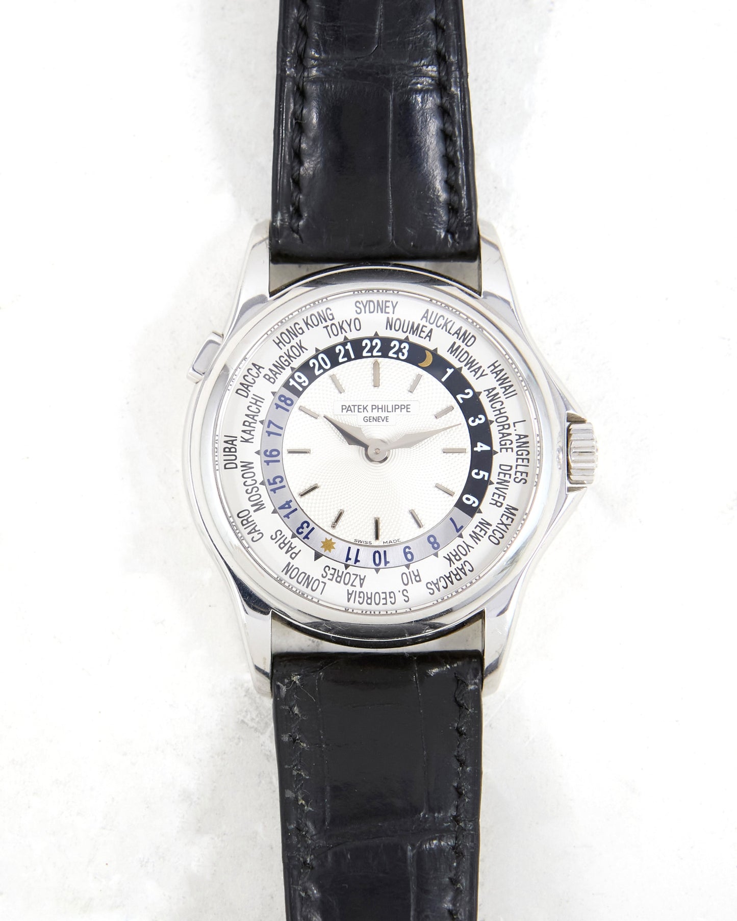 Patek Philippe World Time 5110G in White Gold on Leather Strap and Deployant Buckle