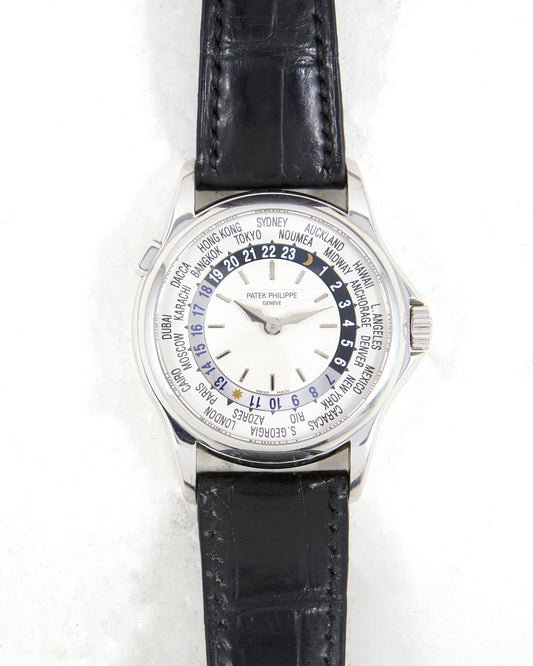 Patek Philippe World Time 5110G in White Gold on Leather Strap and Deployant Buckle