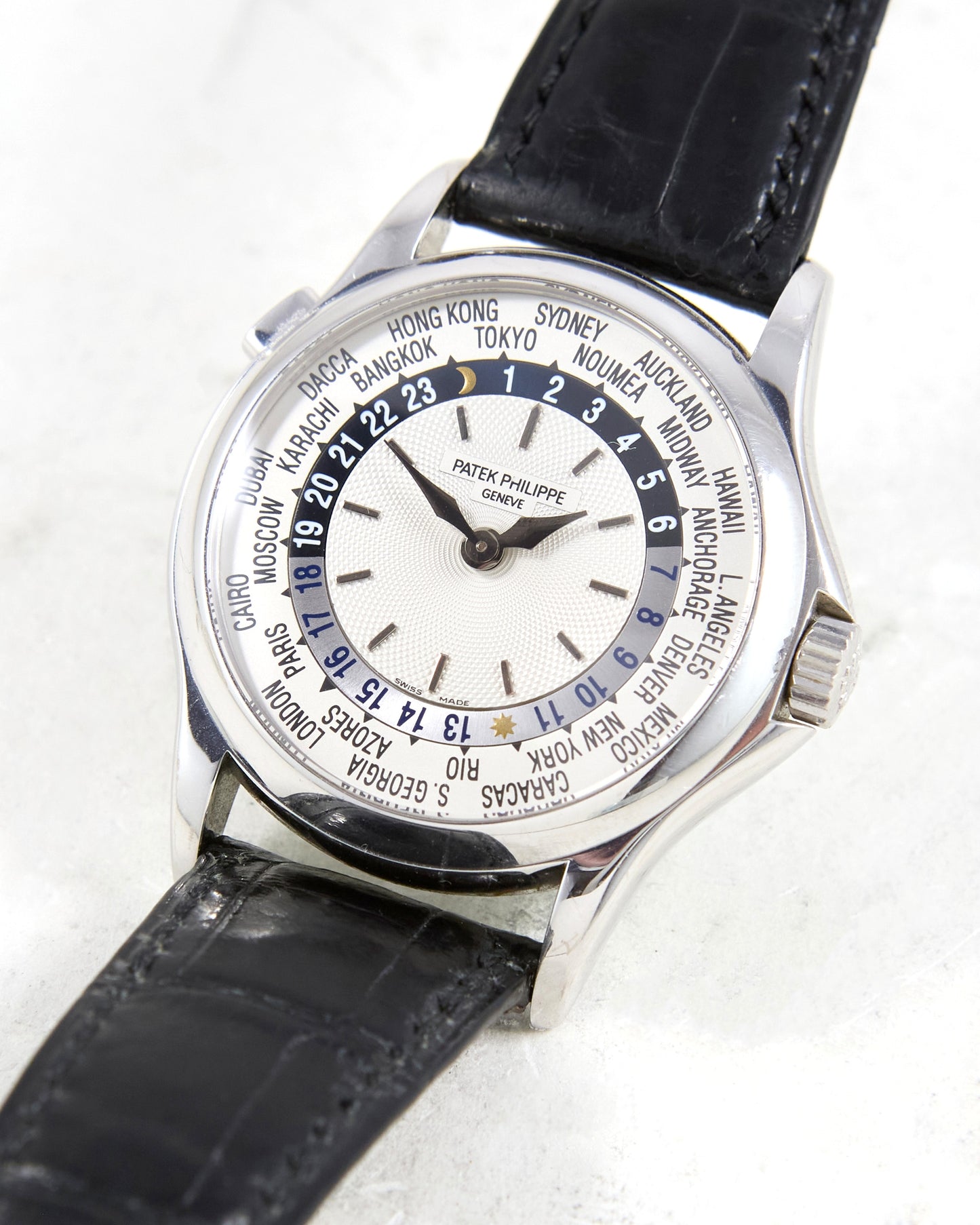 Patek Philippe World Time 5110G in White Gold on Leather Strap and Deployant Buckle