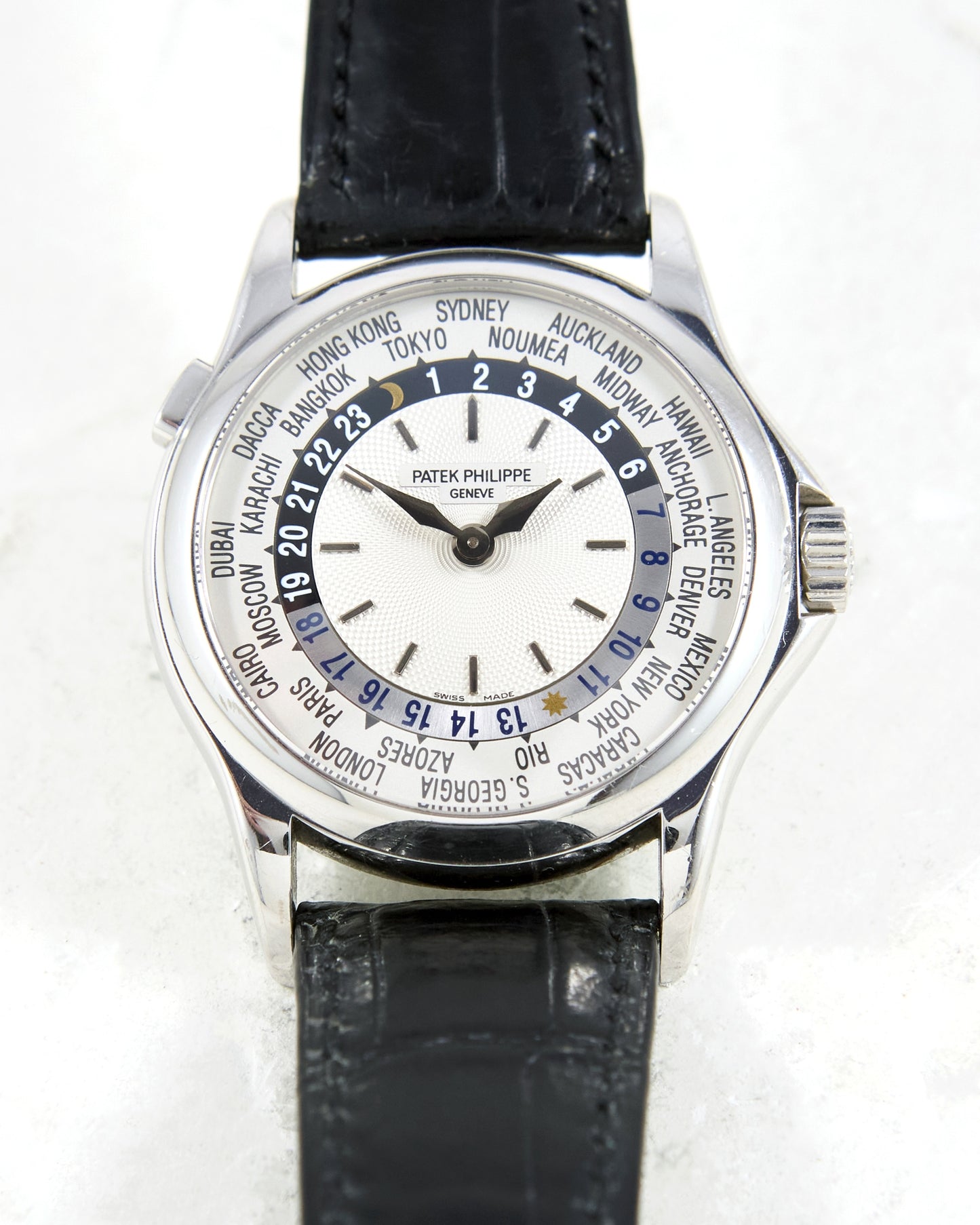 Patek Philippe World Time 5110G in White Gold on Leather Strap and Deployant Buckle