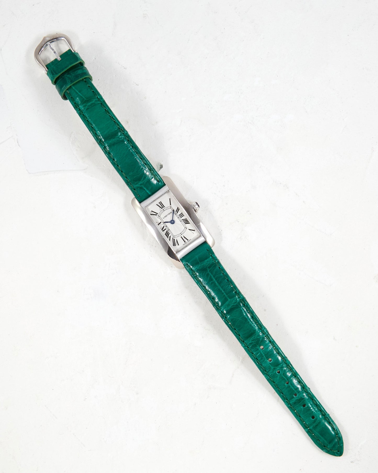 Cartier Tank Américaine 2489 in White Gold Case on Green Cartier Strap with Cartier Buckle