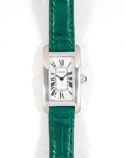 Cartier Tank Américaine 2489 in White Gold Case on Green Cartier Strap with Cartier Buckle