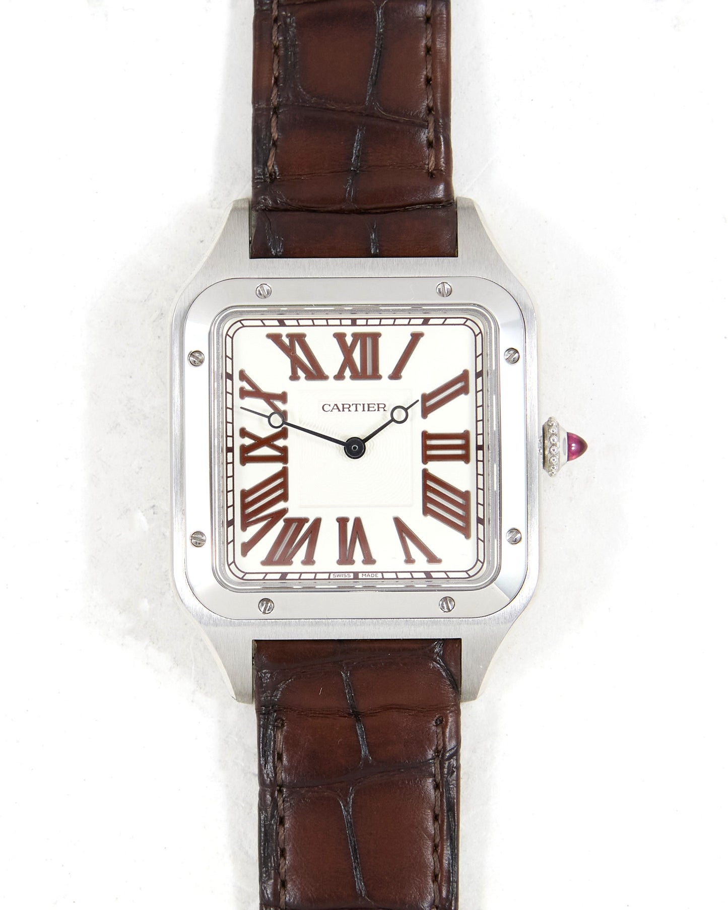 Cartier Santos Dumont XL Limited Edition 200 Red Jasper Numerals and Ruby Cabochon in Platinum with Box & Papers