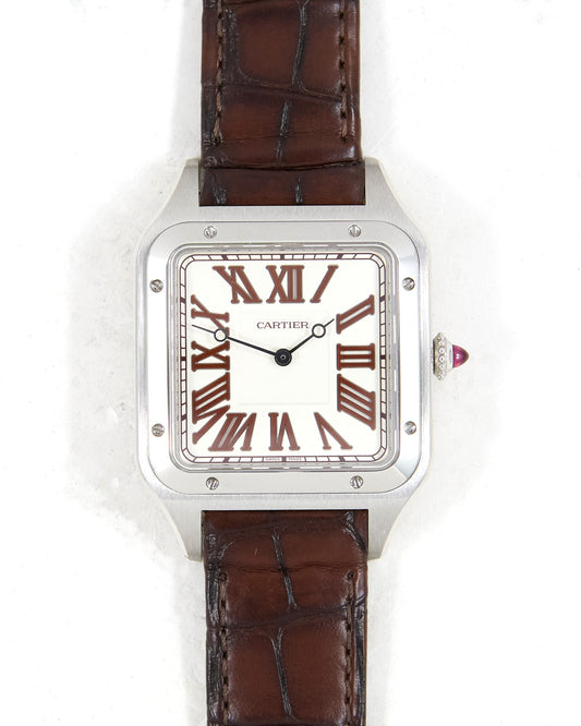Cartier Santos Dumont XL Limited Edition 200 Red Jasper Numerals and Ruby Cabochon in Platinum with Box & Papers