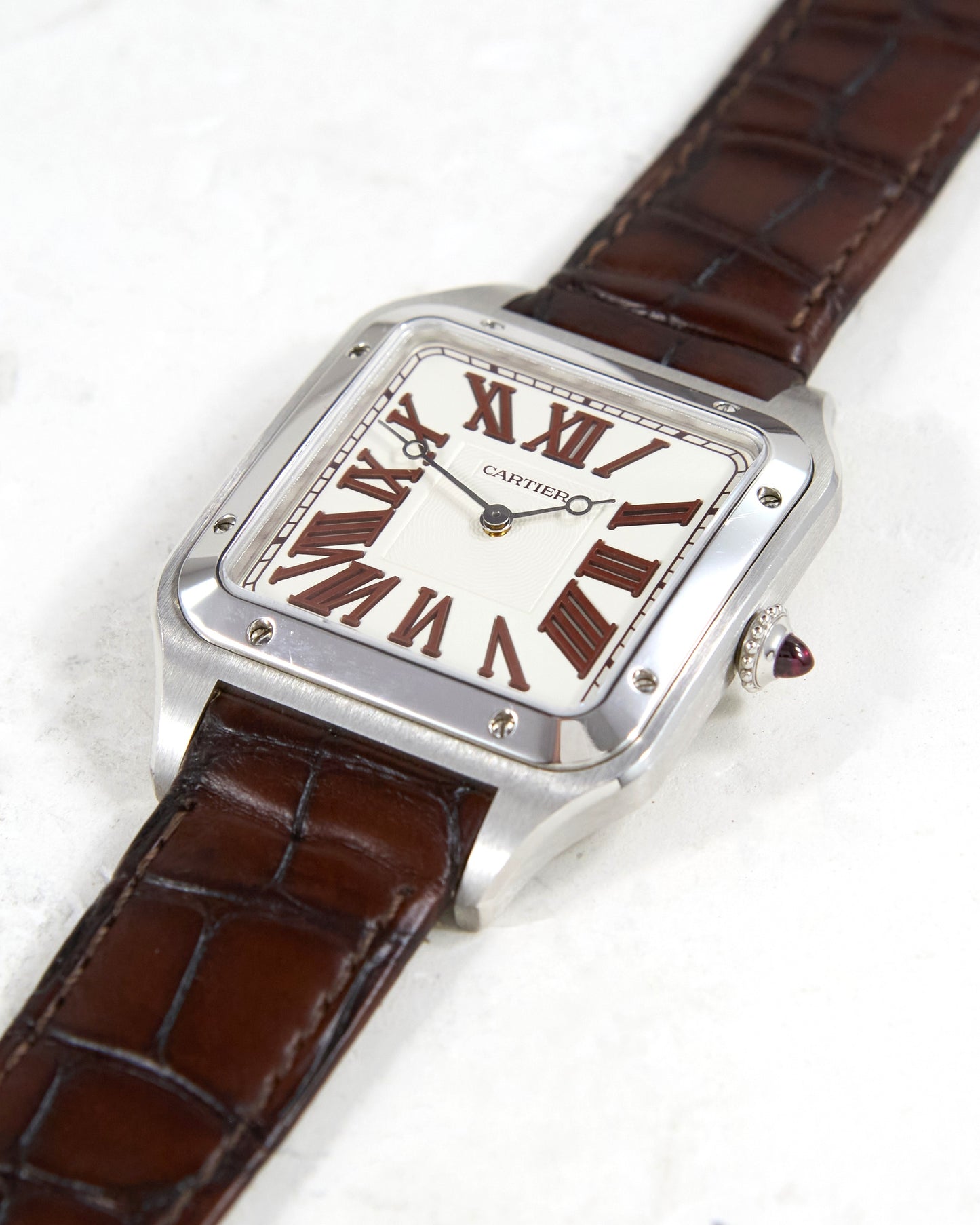 Cartier Santos Dumont XL Limited Edition 200 Red Jasper Numerals and Ruby Cabochon in Platinum with Box & Papers