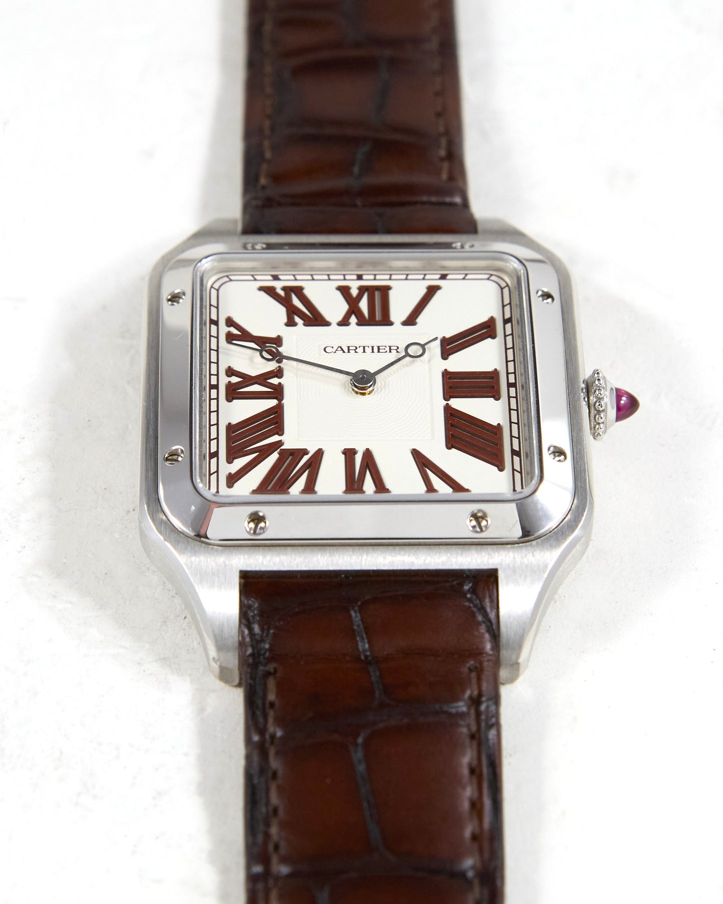 Cartier Santos Dumont XL Limited Edition 200 Red Jasper Numerals and Ruby Cabochon in Platinum with Box & Papers