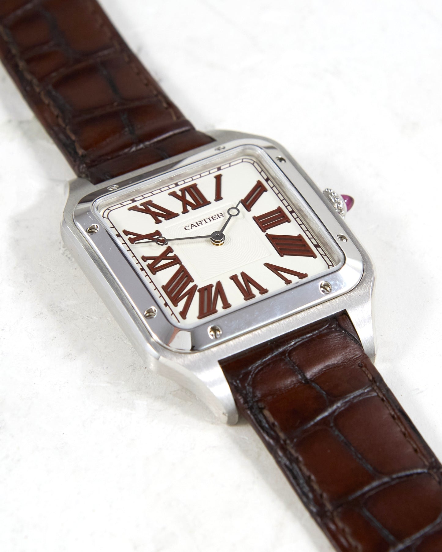 Cartier Santos Dumont XL Limited Edition 200 Red Jasper Numerals and Ruby Cabochon in Platinum with Box & Papers