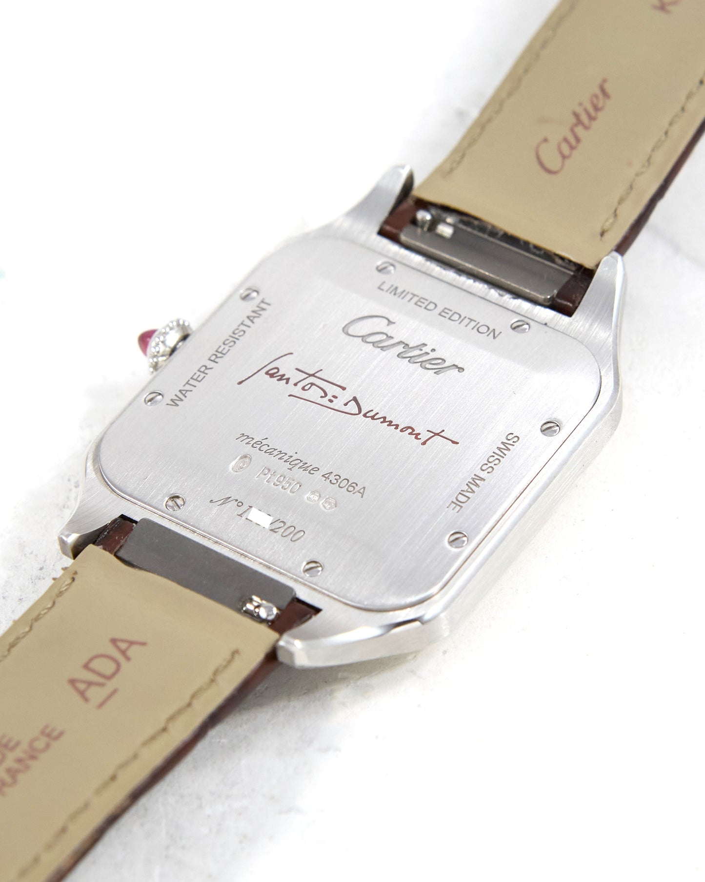 Cartier Santos Dumont XL Limited Edition 200 Red Jasper Numerals and Ruby Cabochon in Platinum with Box & Papers