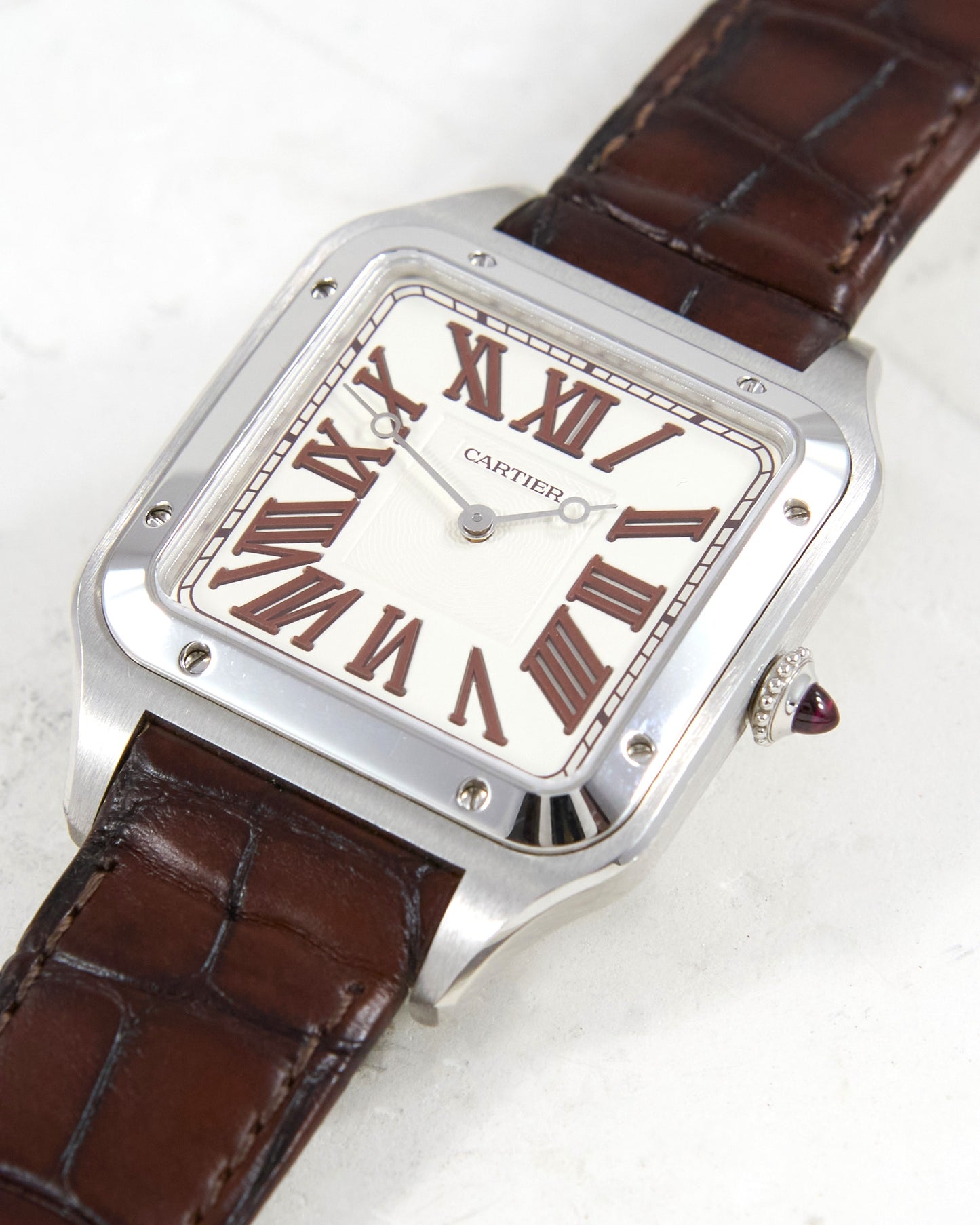 Cartier Santos Dumont XL Limited Edition 200 Red Jasper Numerals and Ruby Cabochon in Platinum with Box & Papers