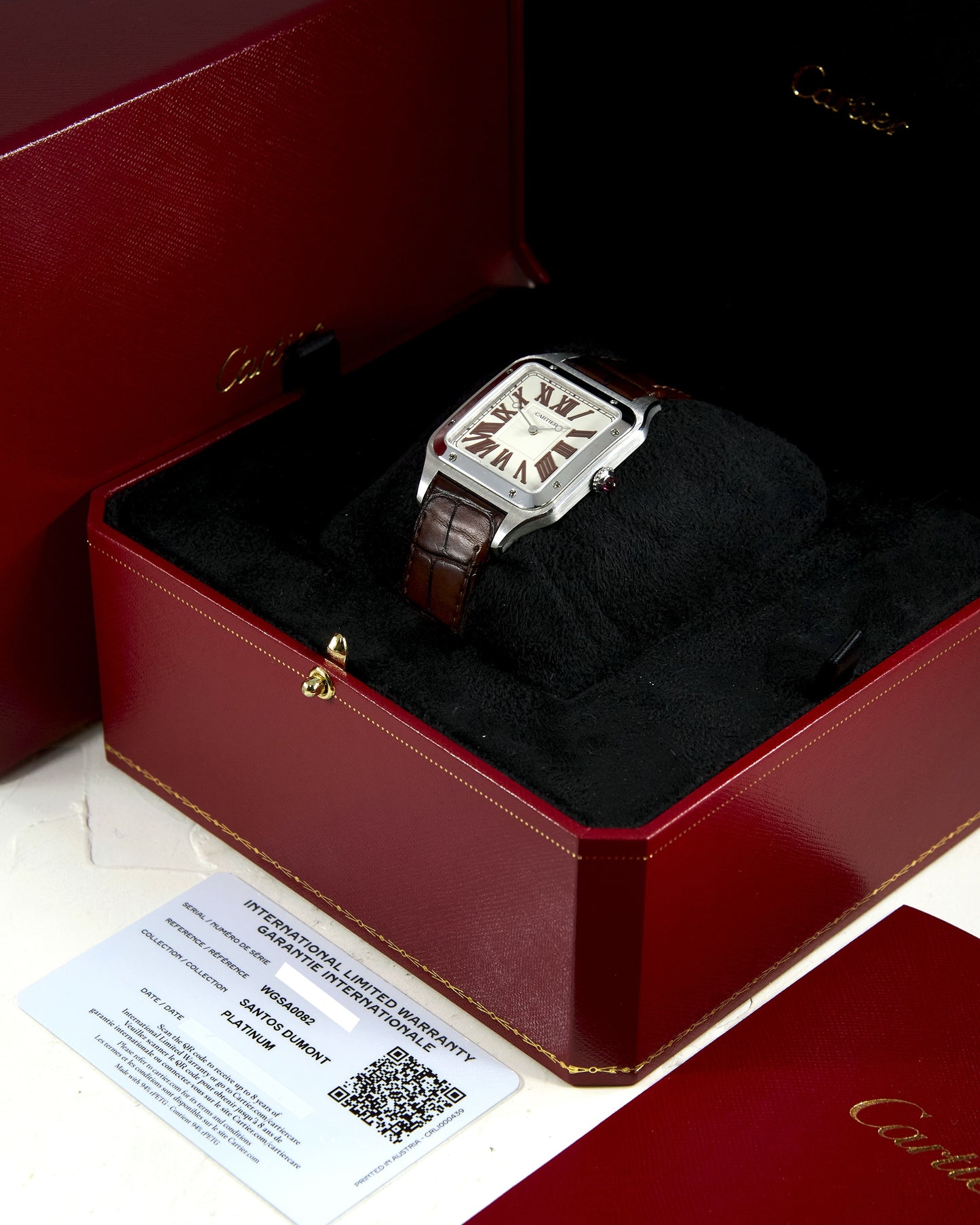 Cartier Santos Dumont XL Limited Edition 200 Red Jasper Numerals and Ruby Cabochon in Platinum with Box & Papers
