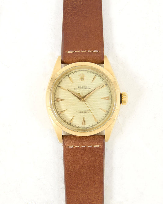 Rolex Chronometre 6285 Honeycomb Dial in Yellow Gold Case on Strap and Buckle