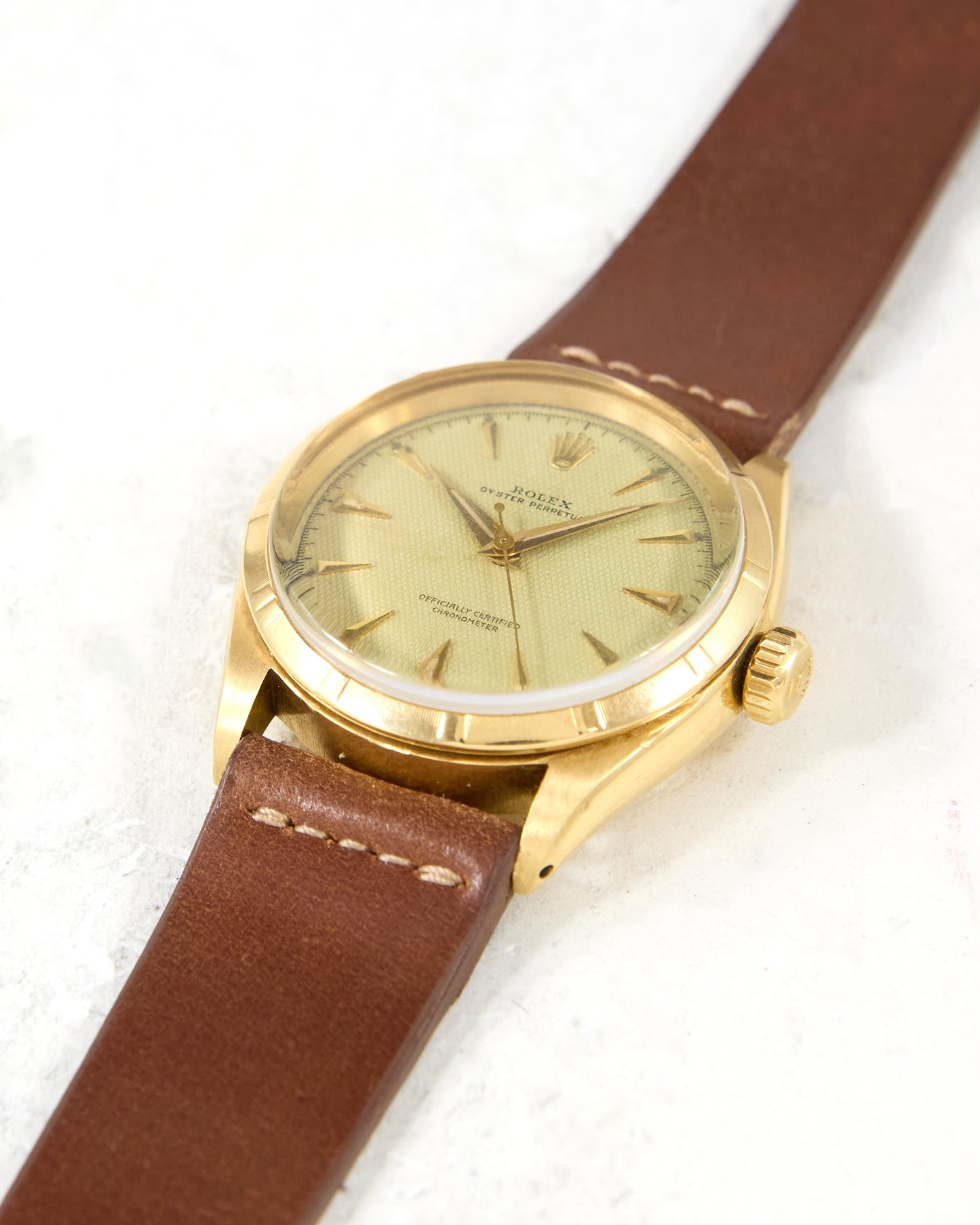 Rolex Chronometre 6285 Honeycomb Dial in Yellow Gold Case on Strap and Buckle