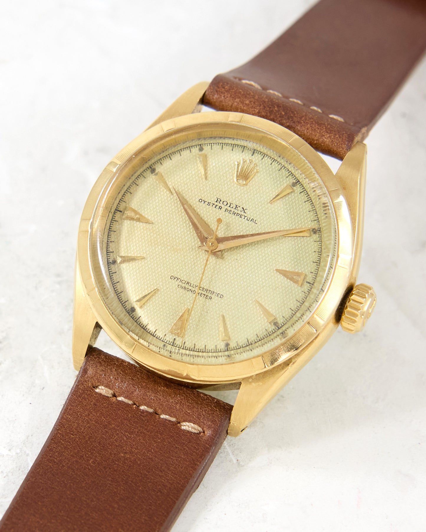 Rolex Chronometre 6285 Honeycomb Dial in Yellow Gold Case on Strap and Buckle