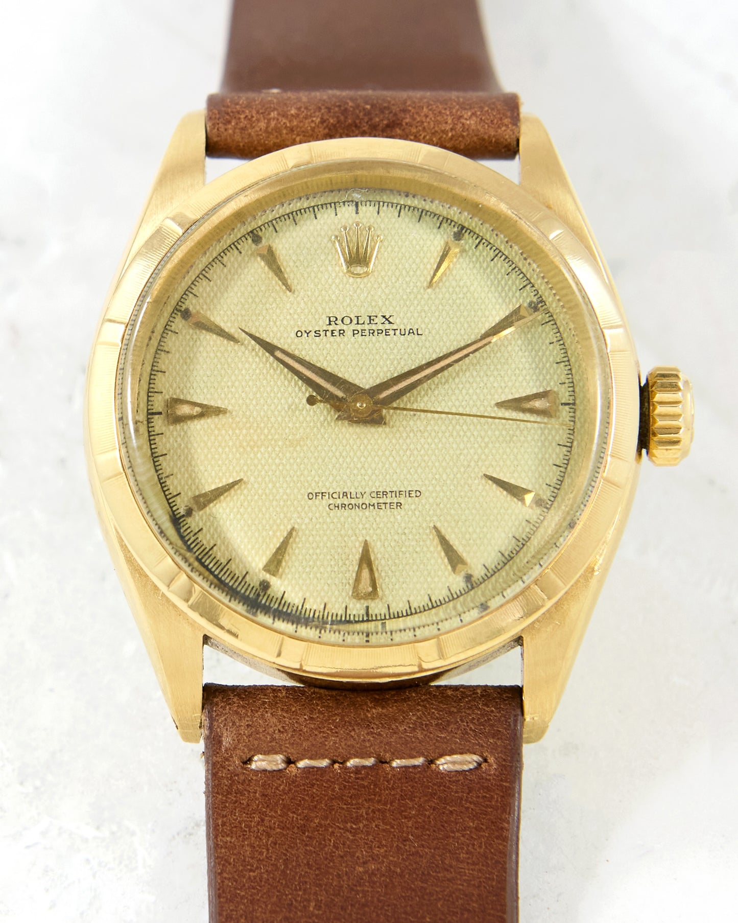 Rolex Chronometre 6285 Honeycomb Dial in Yellow Gold Case on Strap and Buckle