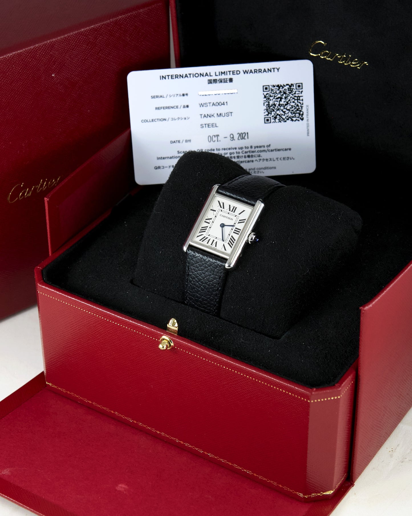 Cartier Tank Must 4323 in Steel on Leather Strap and Buckle with Box & Papers
