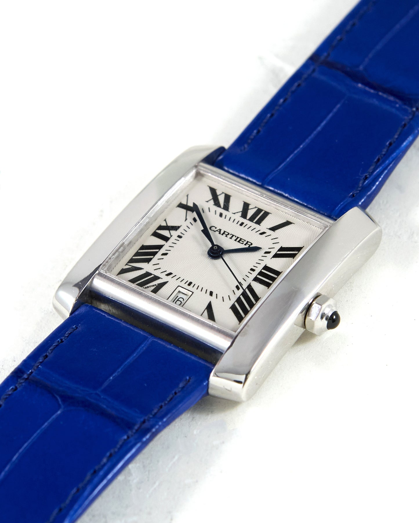Cartier Tank Française Automatic in White Gold with Very Special Blue Leather Strap and Gold Cartier Buckle