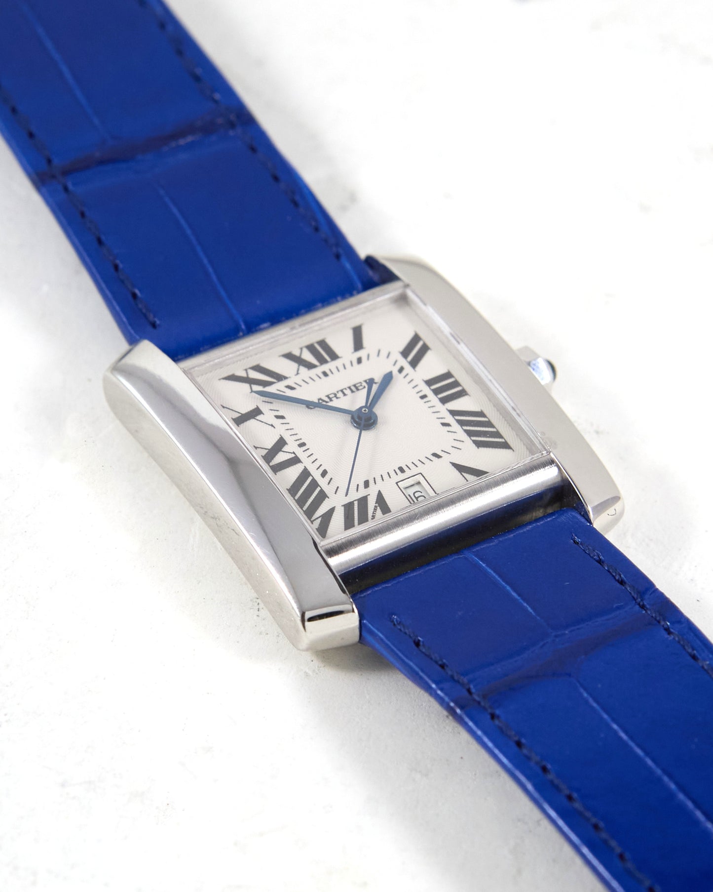Cartier Tank Française Automatic in White Gold with Very Special Blue Leather Strap and Gold Cartier Buckle