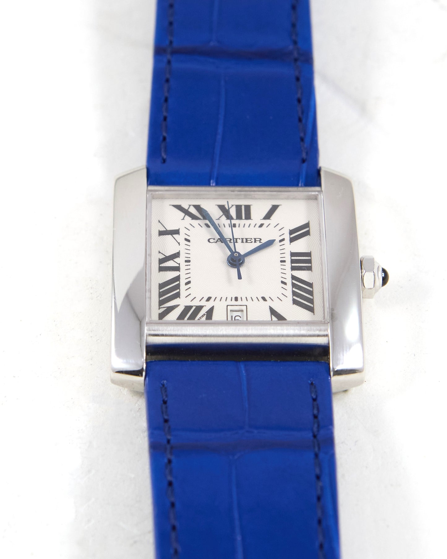 Cartier Tank Française Automatic in White Gold with Very Special Blue Leather Strap and Gold Cartier Buckle