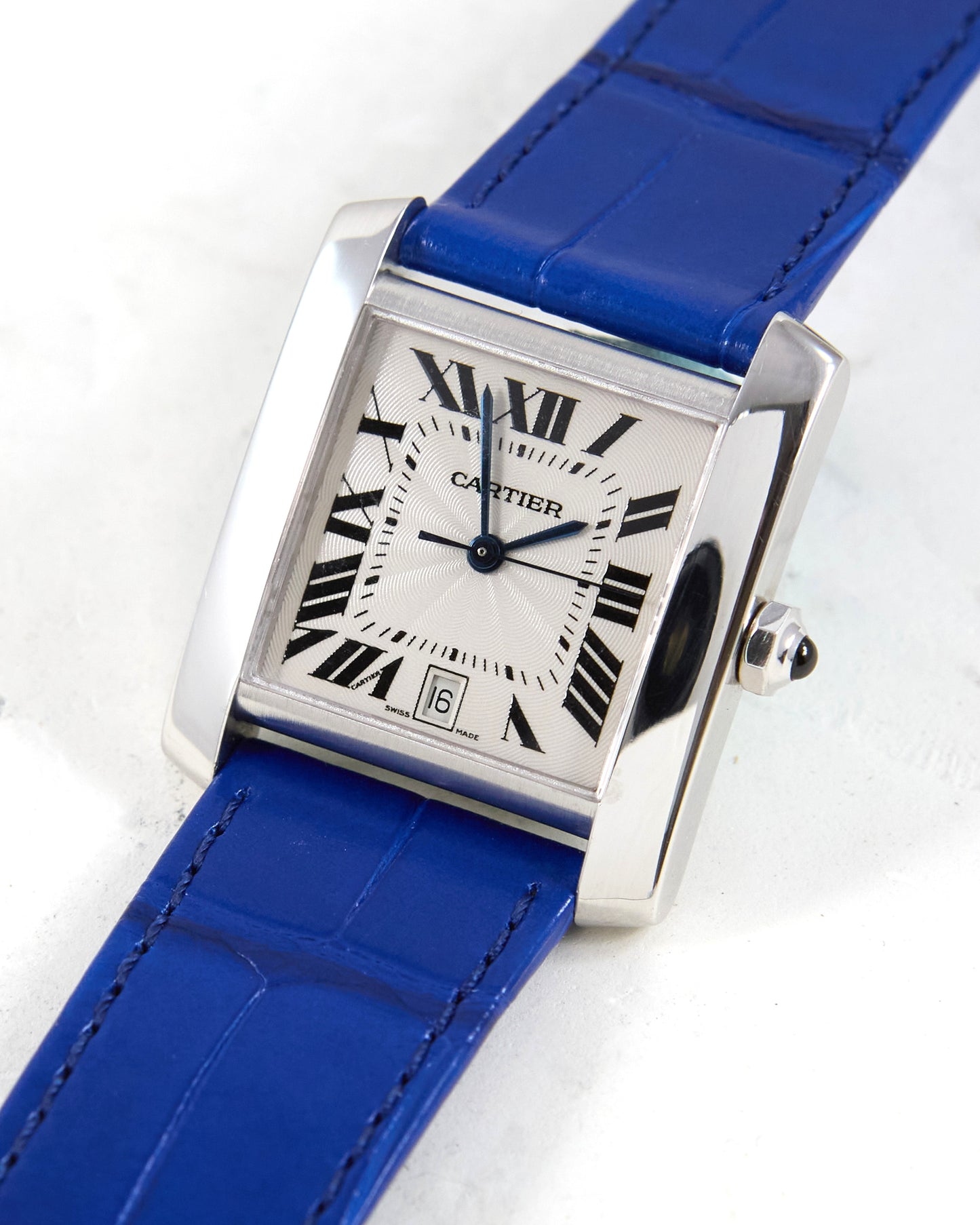 Cartier Tank Française Automatic in White Gold with Very Special Blue Leather Strap and Gold Cartier Buckle