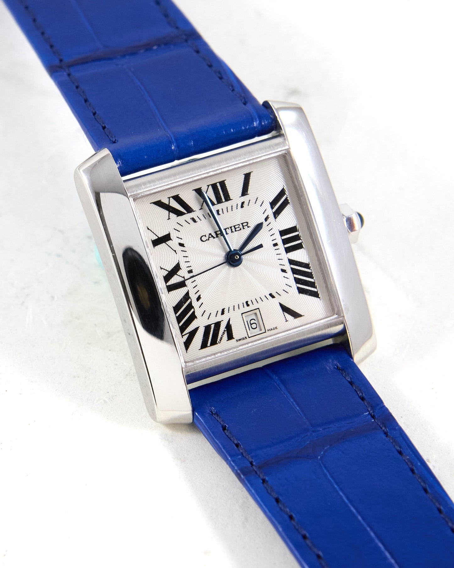 Cartier Tank Française Automatic in White Gold with Very Special Blue Leather Strap and Gold Cartier Buckle