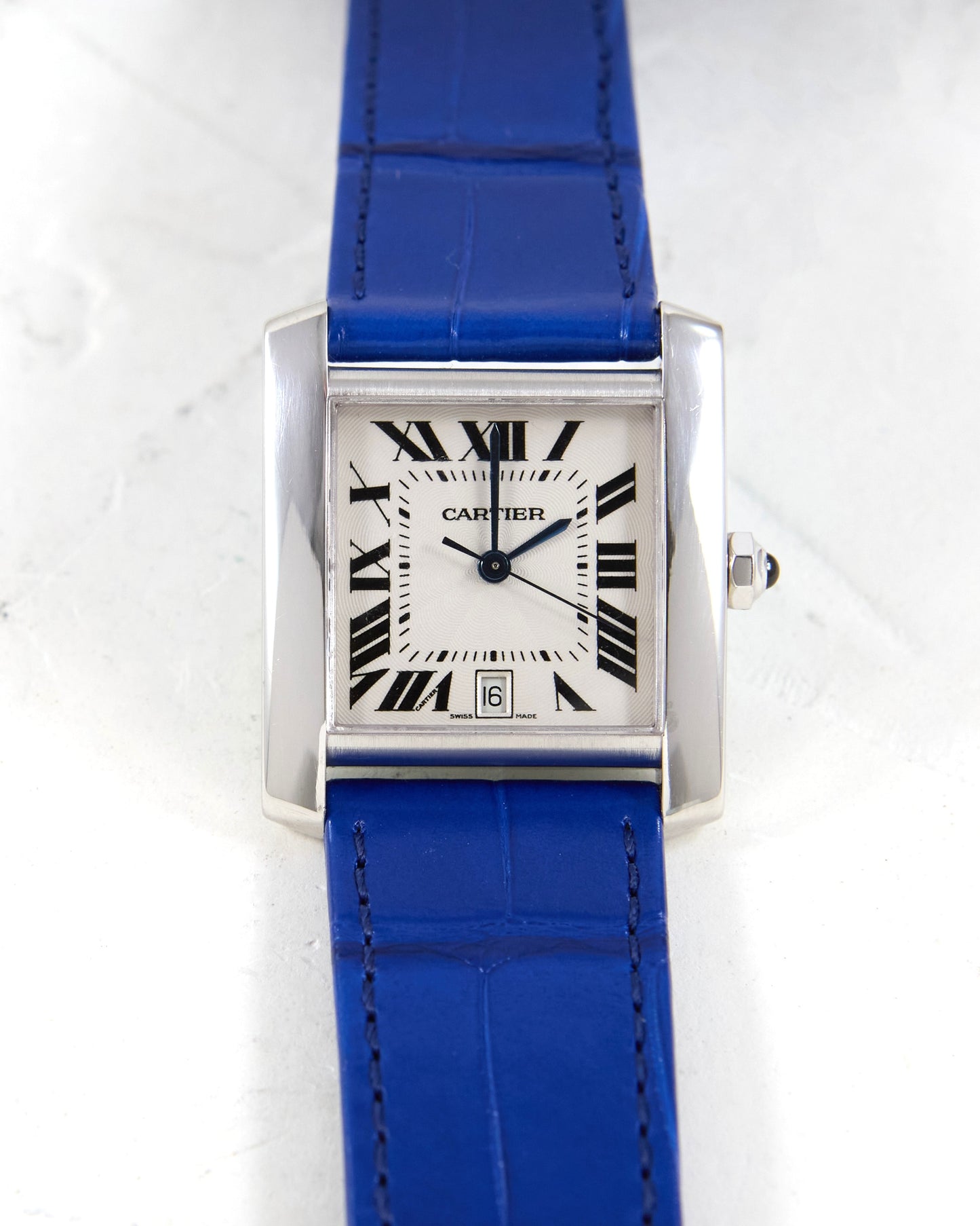 Cartier Tank Française Automatic in White Gold with Very Special Blue Leather Strap and Gold Cartier Buckle