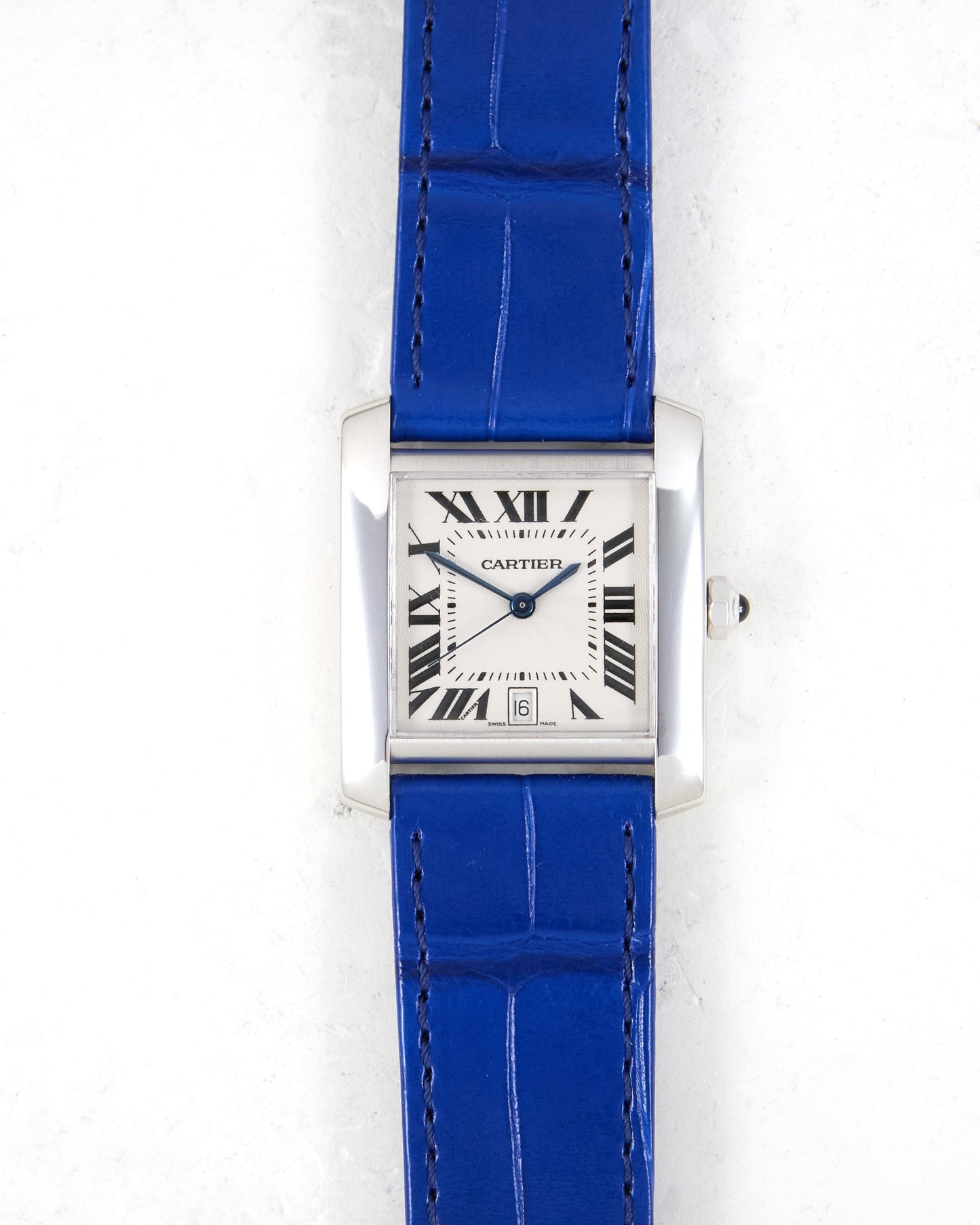 Cartier Tank Française Automatic in White Gold with Very Special Blue Leather Strap and Gold Cartier Buckle