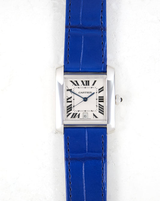 Cartier Tank Française Automatic in White Gold with Very Special Blue Leather Strap and Gold Cartier Buckle