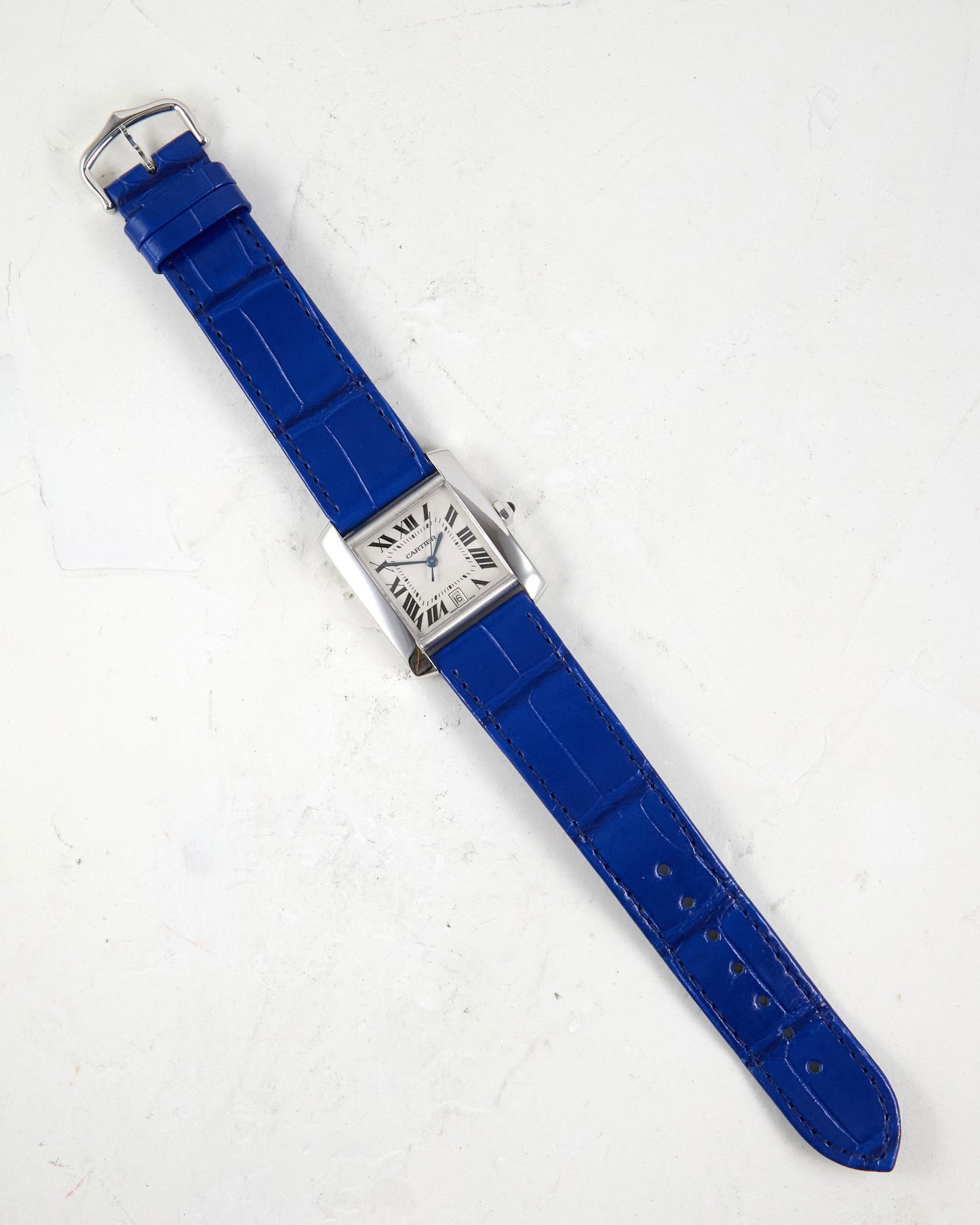 Cartier Tank Française Automatic in White Gold with Very Special Blue Leather Strap and Gold Cartier Buckle