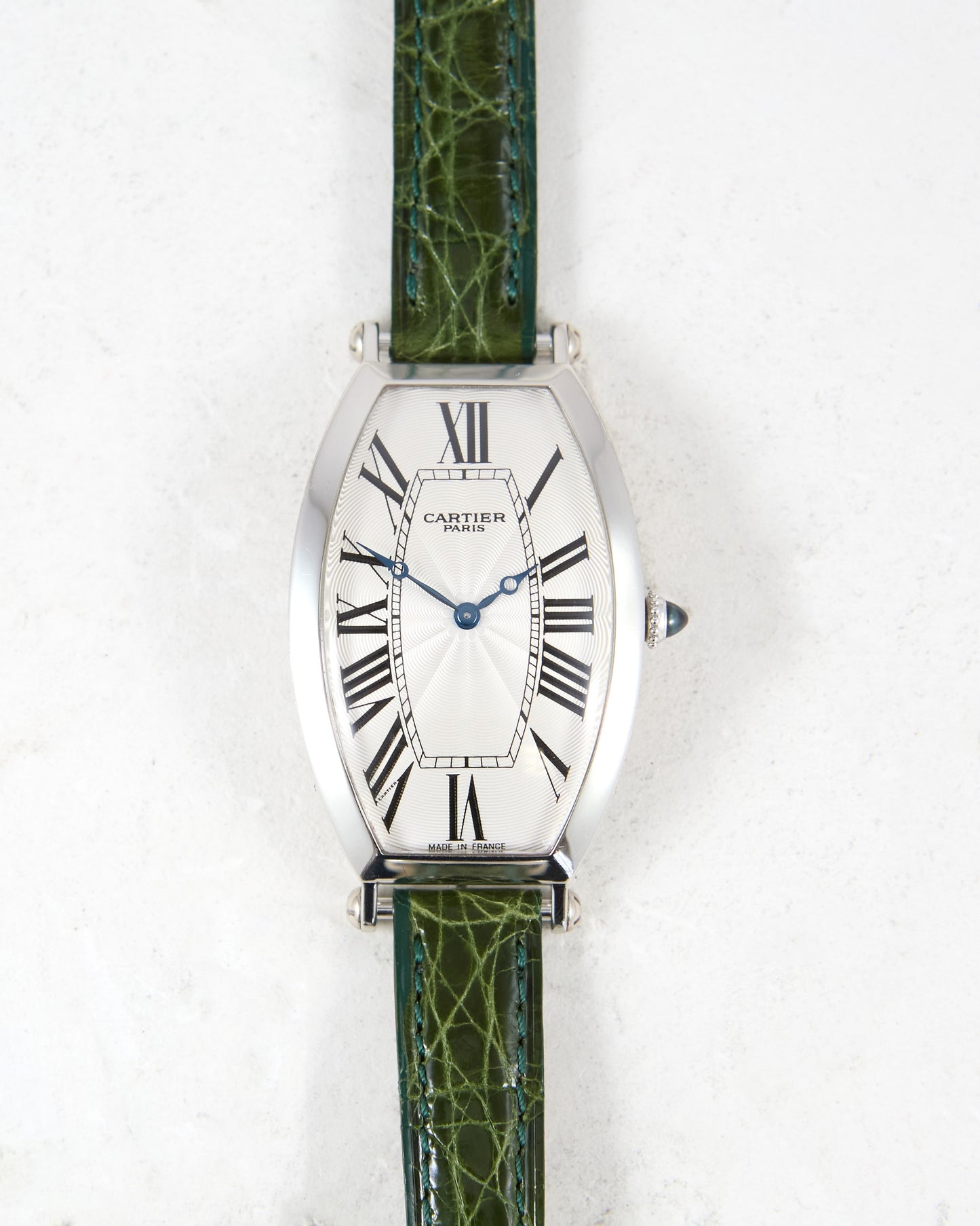 Cartier Tonneau XL 2435E CPCP in Platinum Case on Leather Strap and Buckle with Papers