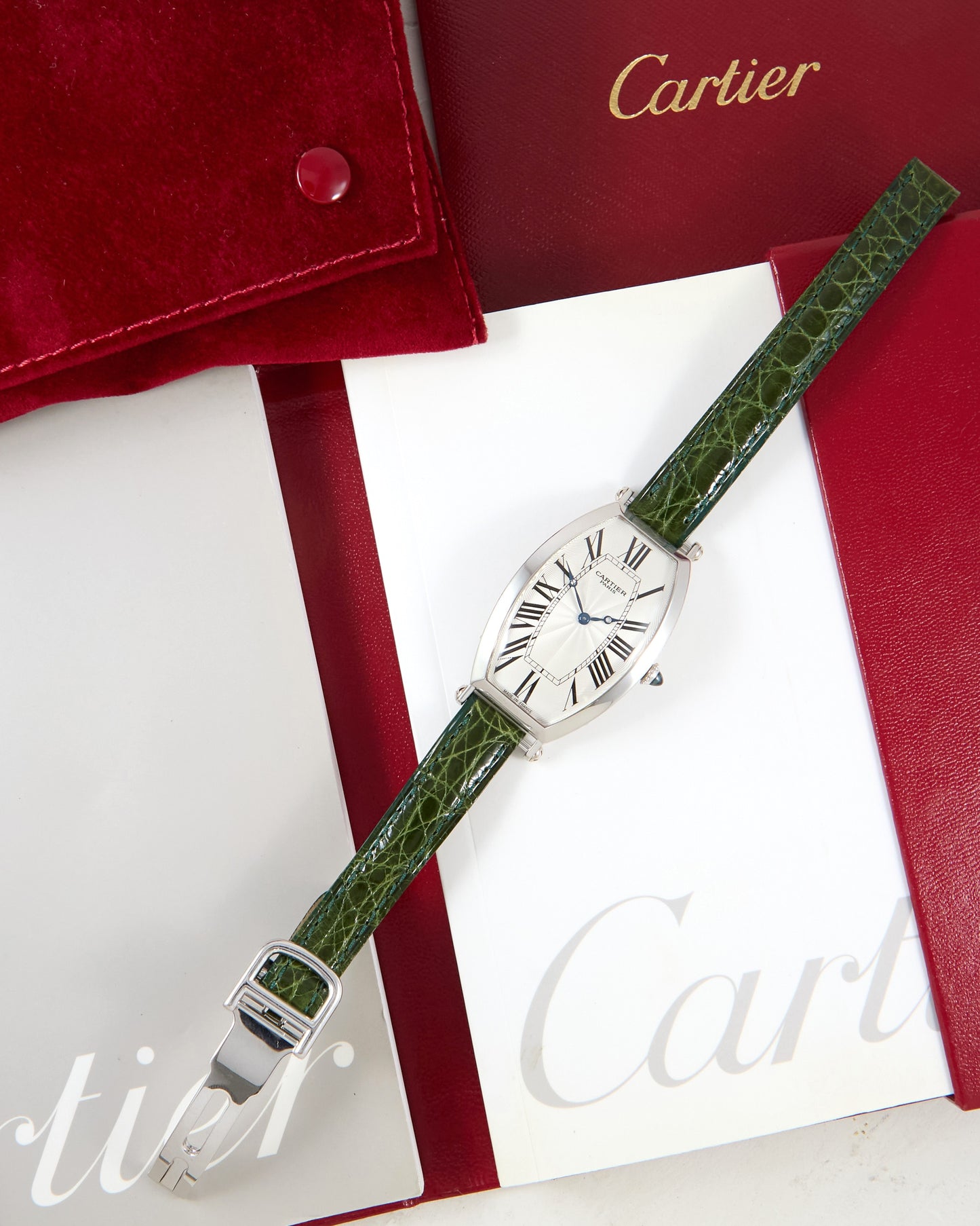 Cartier Tonneau XL 2435E CPCP in Platinum Case on Leather Strap and Buckle with Papers