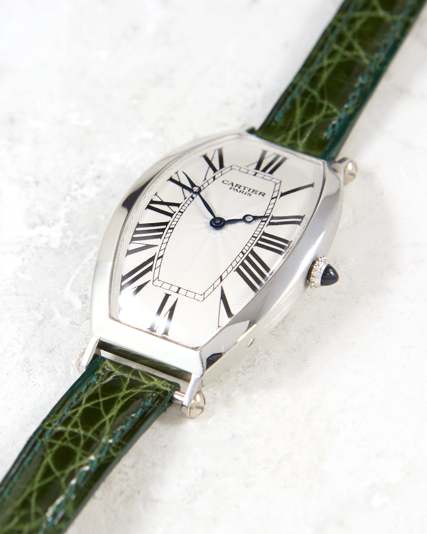 Cartier Tonneau XL 2435E CPCP in Platinum Case on Leather Strap and Buckle with Papers