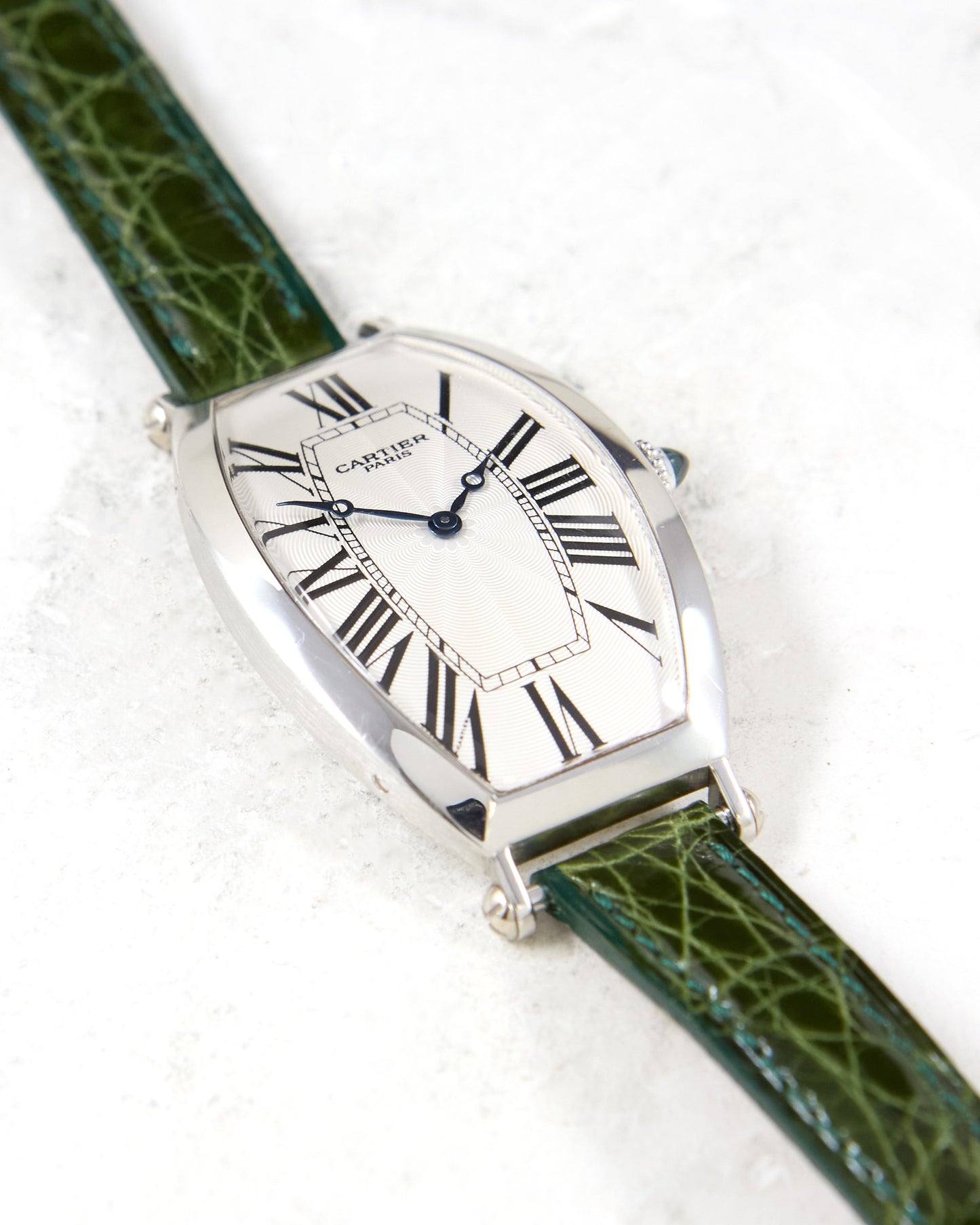 Cartier Tonneau XL 2435E CPCP in Platinum Case on Leather Strap and Buckle with Papers