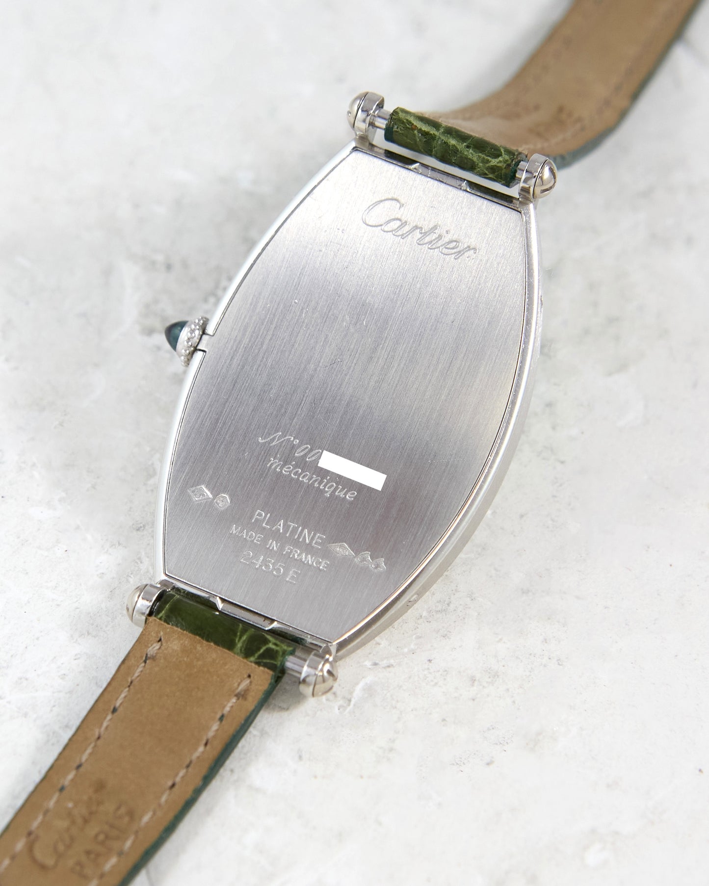 Cartier Tonneau XL 2435E CPCP in Platinum Case on Leather Strap and Buckle with Papers