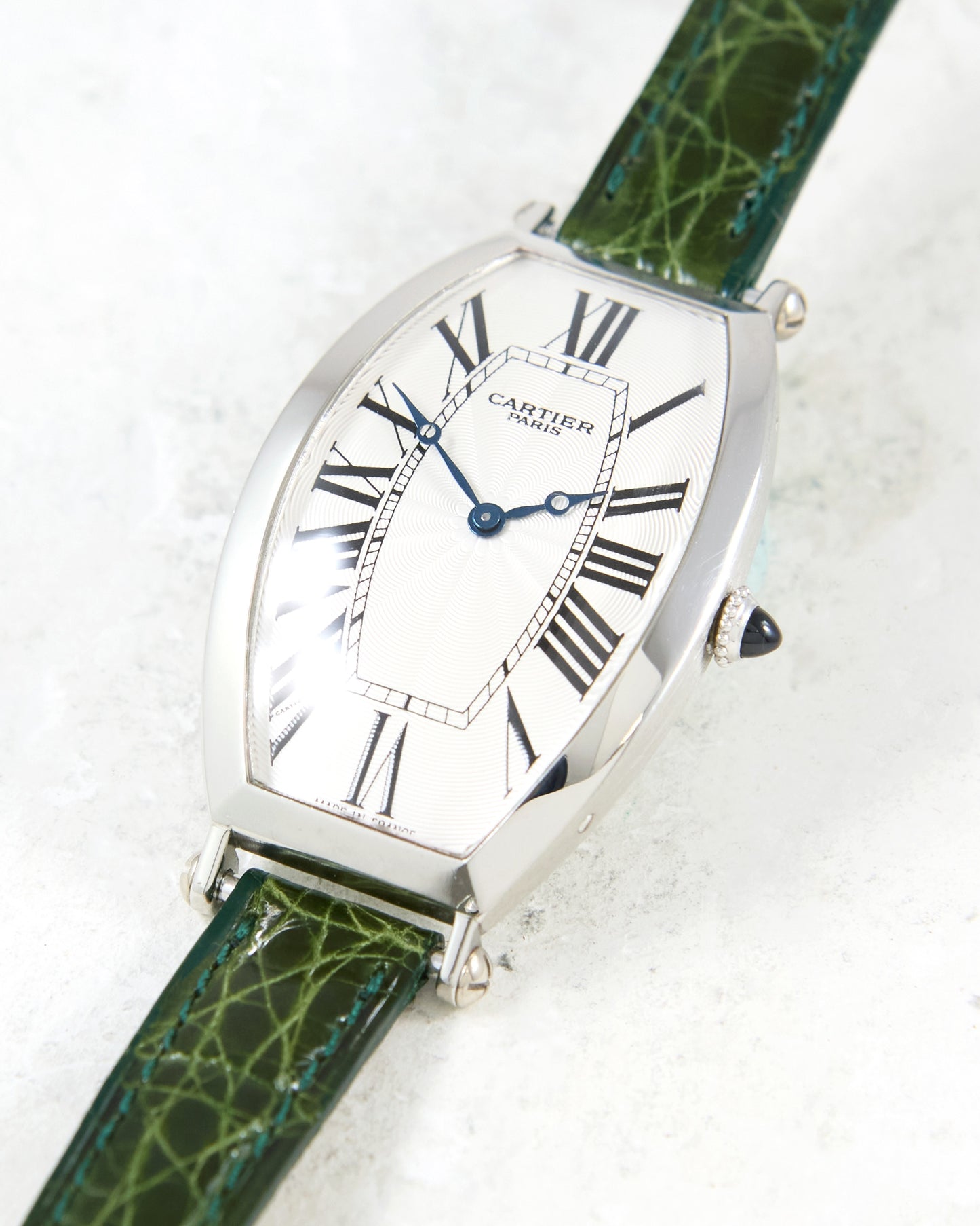 Cartier Tonneau XL 2435E CPCP in Platinum Case on Leather Strap and Buckle with Papers