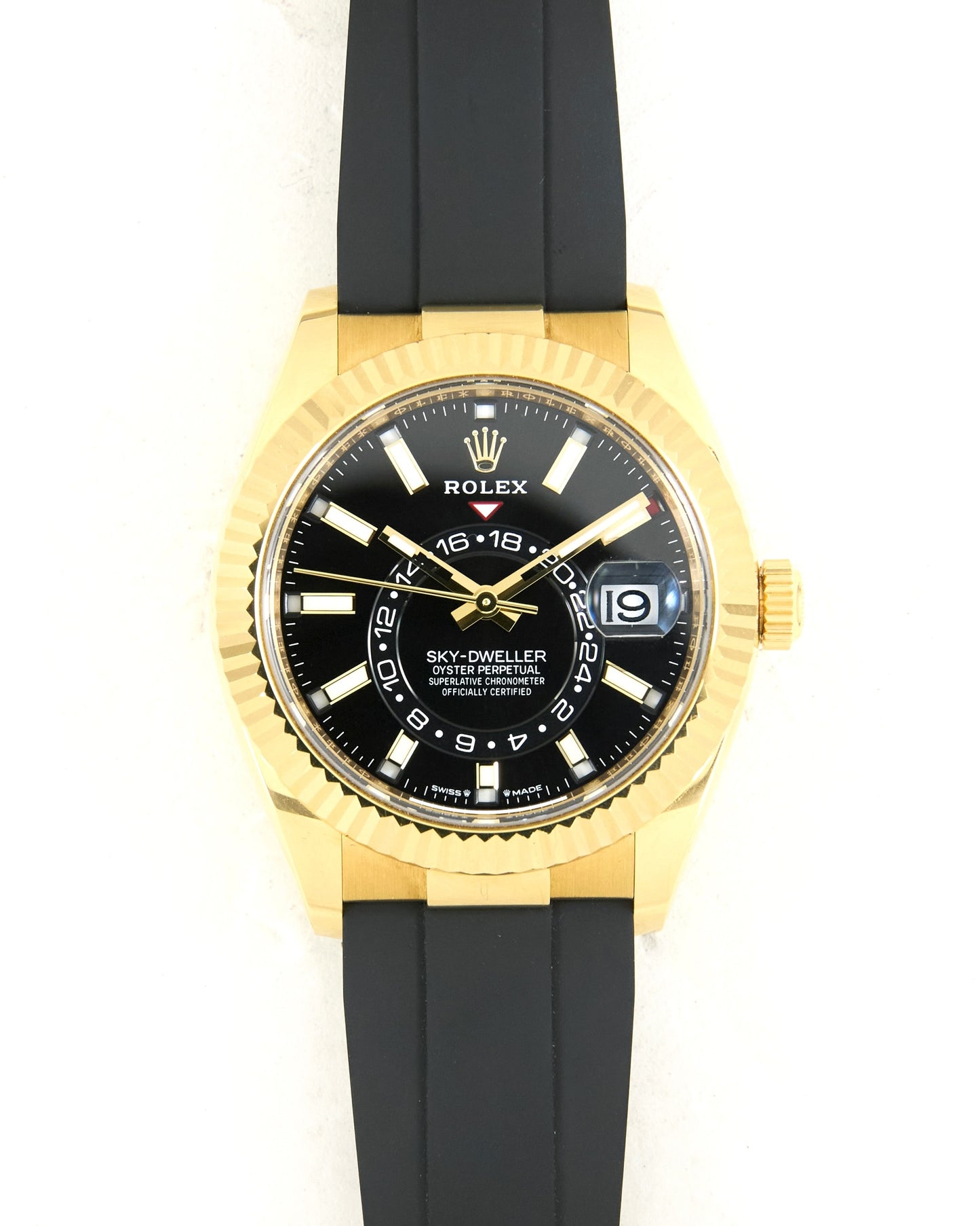 Rolex Sky-Dweller 336238 Black Dial in Yellow Gold Case on Oysterflex with Box & Papers