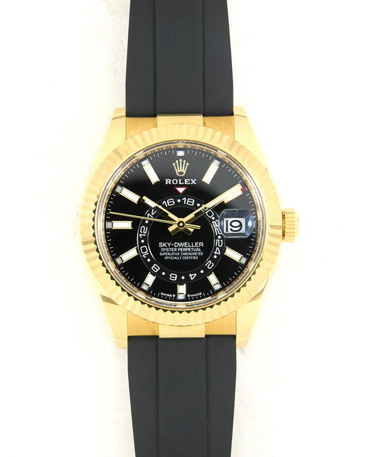 Rolex Sky-Dweller 336238 Black Dial in Yellow Gold Case on Oysterflex with Box & Papers