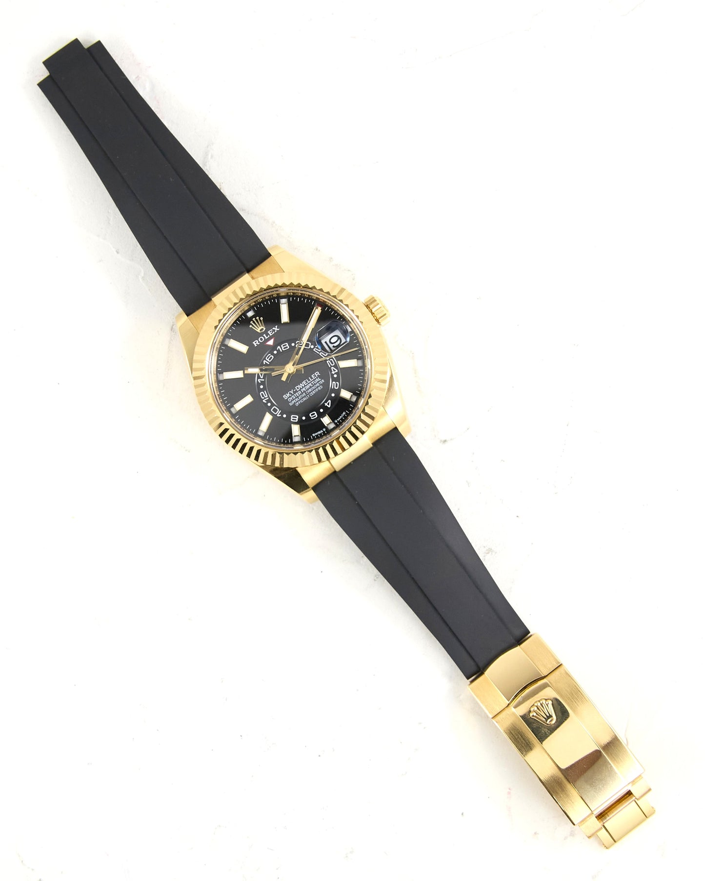 Rolex Sky-Dweller 336238 Black Dial in Yellow Gold Case on Oysterflex with Box & Papers
