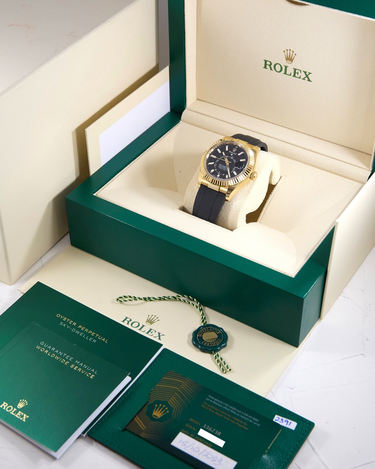 Rolex Sky-Dweller 336238 Black Dial in Yellow Gold Case on Oysterflex with Box & Papers