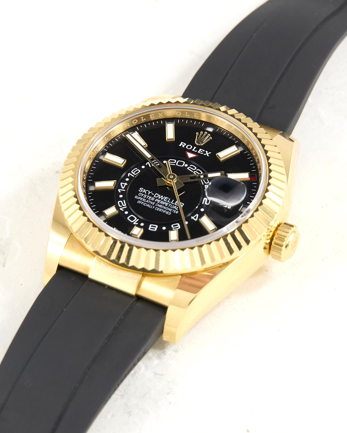 Rolex Sky-Dweller 336238 Black Dial in Yellow Gold Case on Oysterflex with Box & Papers