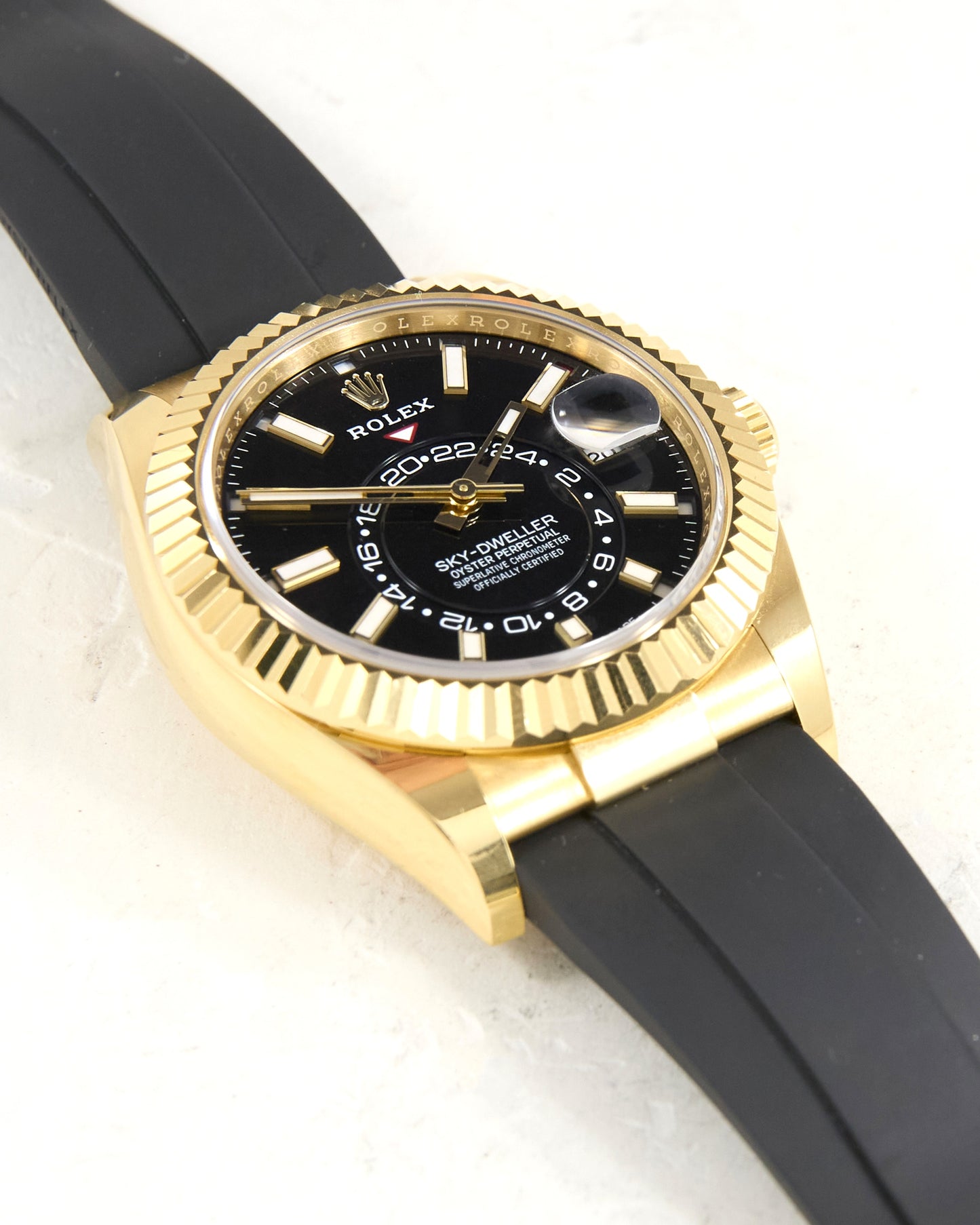 Rolex Sky-Dweller 336238 Black Dial in Yellow Gold Case on Oysterflex with Box & Papers
