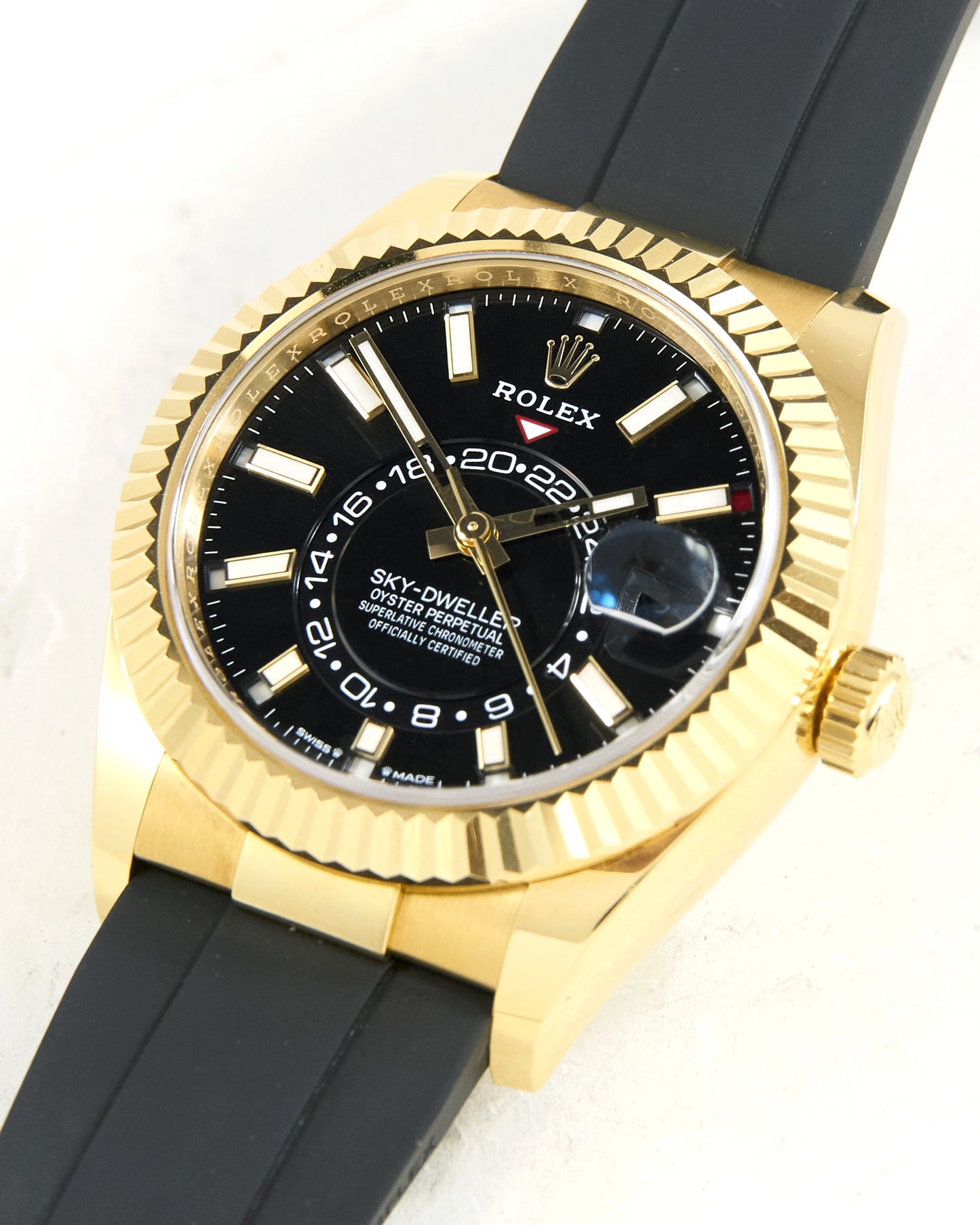 Rolex Sky-Dweller 336238 Black Dial in Yellow Gold Case on Oysterflex with Box & Papers