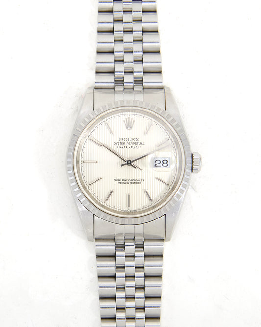 Rolex Datejust 16220 Silver Tapestry Dial on Jubilee