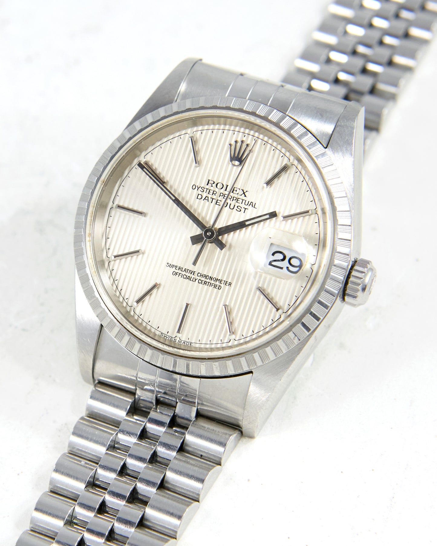 Rolex Datejust 16220 Silver Tapestry Dial on Jubilee