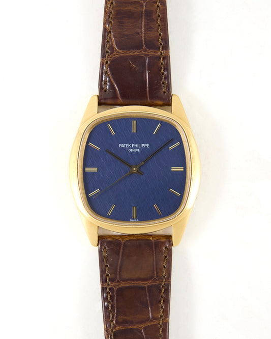 Patek Philippe Golden Ellipse 3585 Automatic Back Winder with Blue Textured Dial in Yellow Gold Case