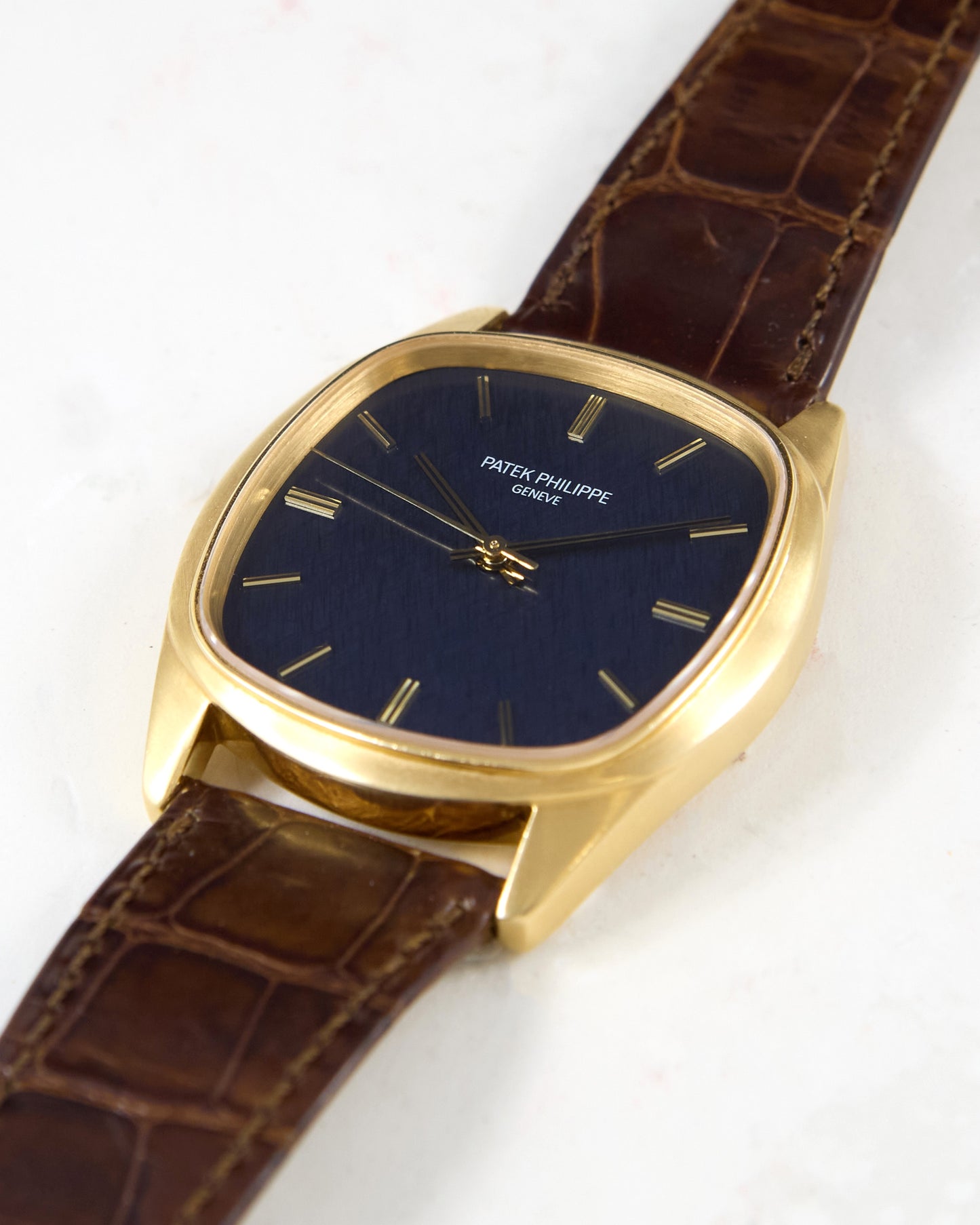 Patek Philippe Golden Ellipse 3585 Automatic Back Winder with Blue Textured Dial in Yellow Gold Case