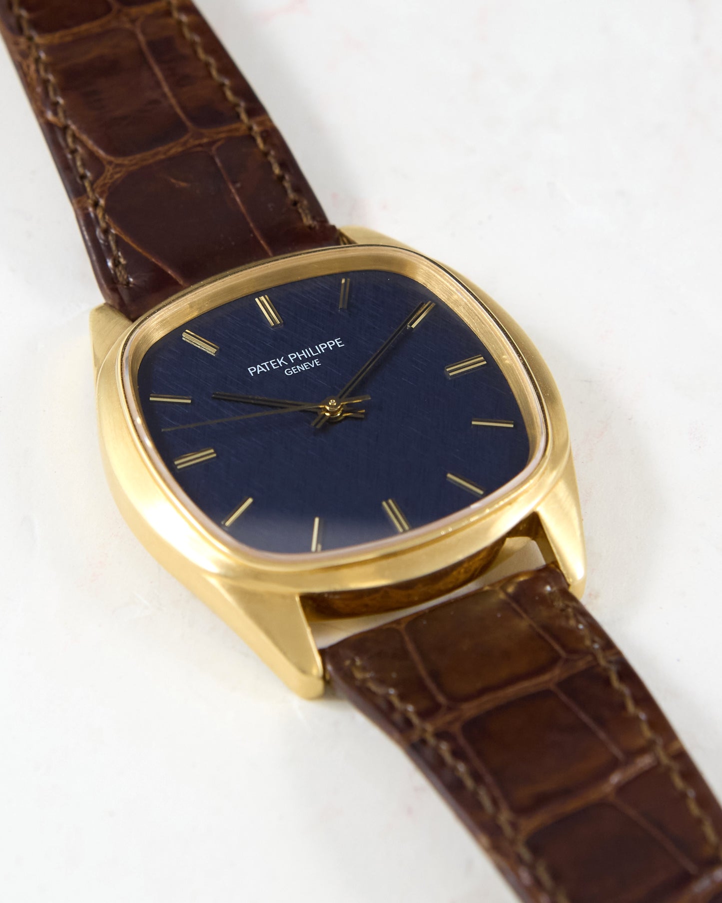 Patek Philippe Golden Ellipse 3585 Automatic Back Winder with Blue Textured Dial in Yellow Gold Case