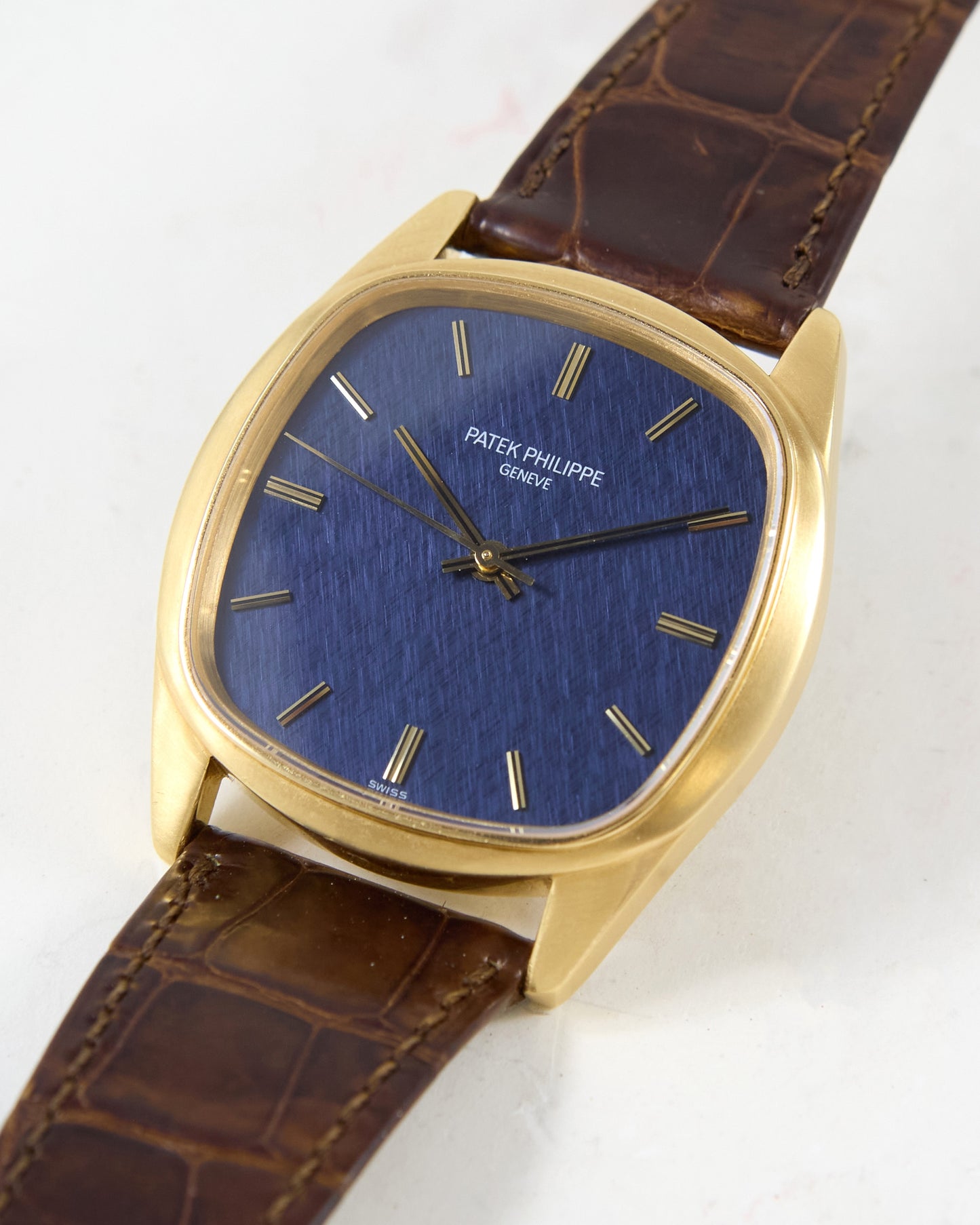 Patek Philippe Golden Ellipse 3585 Automatic Back Winder with Blue Textured Dial in Yellow Gold Case