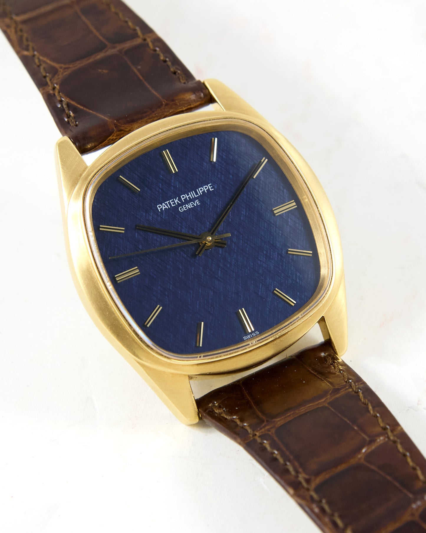 Patek Philippe Golden Ellipse 3585 Automatic Back Winder with Blue Textured Dial in Yellow Gold Case